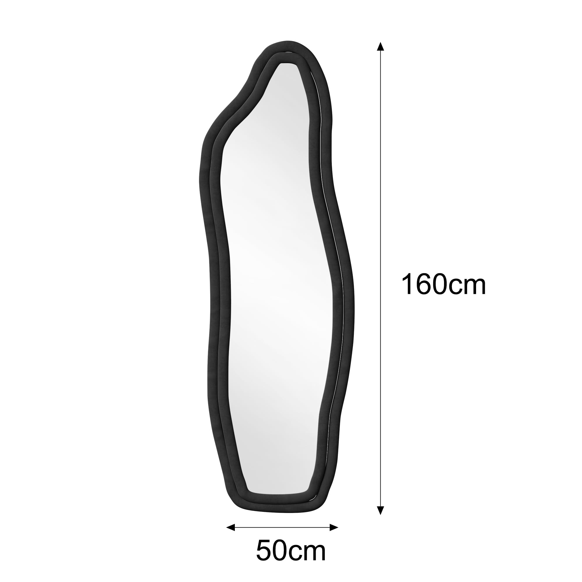 Grand Miroir Noir 160x50 cm, Miroir sur Pied au Mural ou à Suspendre, Miroirs Organique avec Support en U, Miroirs ondulés Moderne pour Dressing, Salon, Chambre, Couloir