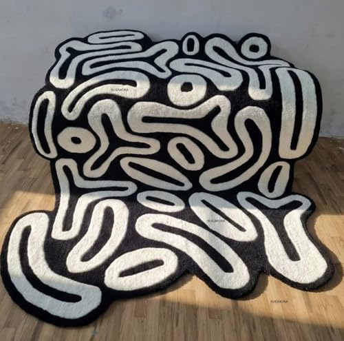 Image of Hand Tufted Wool Rug 6x8 Ft - Modern Irregular Shape Aesthetic Carpet, 1 Inch Thick Pile, Anti-Skid Backing, Soft Handmade Woolen Area Rug for Living Room, Bedroom, Hall Decor