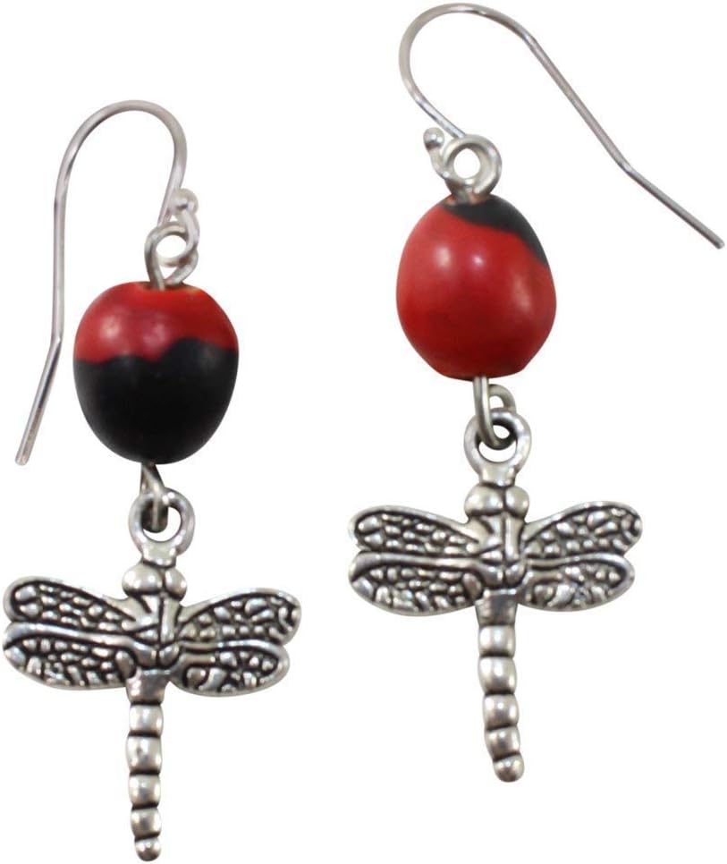 Silver DragonFly Charm Symbol of Power, Strength & Wisdom - Dangling Red Handmade Earrings - L:1.25 ” - w/Good Luck Peruvian Red/Blk Seed Beads - Gifts for Mom, Daughter, Aunt, Sister, Friend
