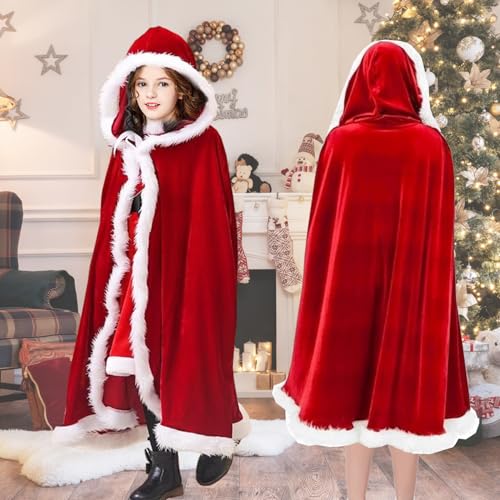 YISKY Roter Weihnachtsumhang mit Kapuze, Damen Santa Claus Kostüm, Rot Samt Mantel, 100 cm, Unisex, Elegantes Design, Perfekt für Weihnachten, Silvester, Cosplay & mehr