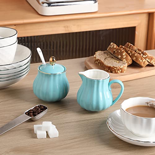 Sweejar Royal Ceramic Sugar And Creamer Set, 3 Piece Set With Cream Pitcher, Sugar Bowl, Sugar Set With Lid & Spoon, Coffee Serving Set Wedding Gift(Turquoise) #TOP2