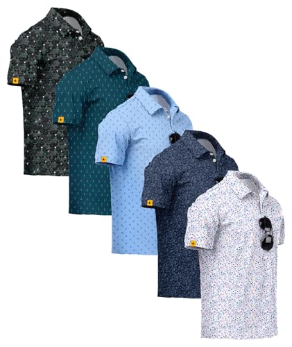 ZITY 5 Pack Mens Golf Shirt Short Sleeve UPF 50+ Moisture Wicking Performance Print Patterns Casual Golf Polo Shirts for Men Blackishgreen Tealblue Lightblue Navy Colorfuldots Medium