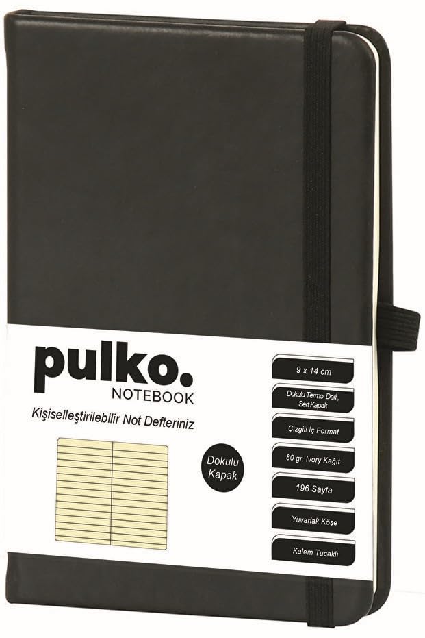 PULKO Notebook Klasik, 196 Sayfa, Termo Suni Deri Kapak, Çizgili Not Defteri, 9x14cm, 036, Siyah
