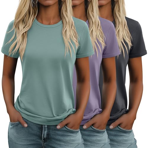Image of Geyoga 3 Pack Women's Cotton T Shirts Casual Short Sleeve Tunic Tops Crewneck Summer Loose Fit Plain Basic Tee(Dark Gray, Taro Purple, Gray Green,Large)