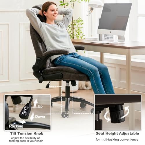 Image of Fabric Office Chair with Inflatable Lumbar Support, Executive Ergonomic Desk Chairs with Flip Arms, High Back Cloth Computer Chair Rocking Function, Heavy Duty Metal Base 300 lbs Capacity| Grey