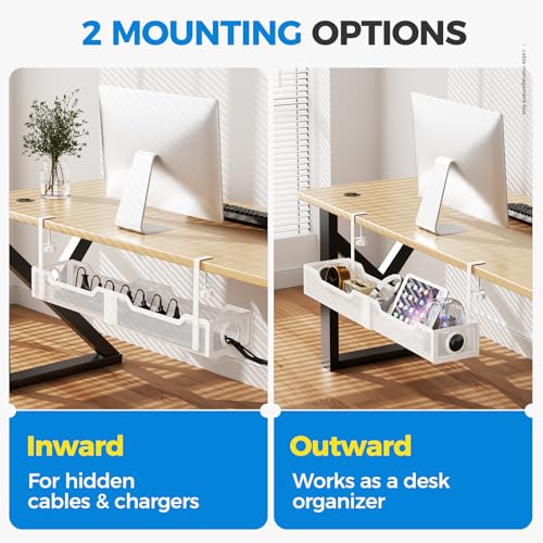 Image of [Upgraded] 25 inch Extra Large Under Desk Cable Management, Cinati Wire Organizers No Drill, Cable Tray with Clamp for Wire Management, Cord Organization Box for Office, Home - No Damage to Desk(White)