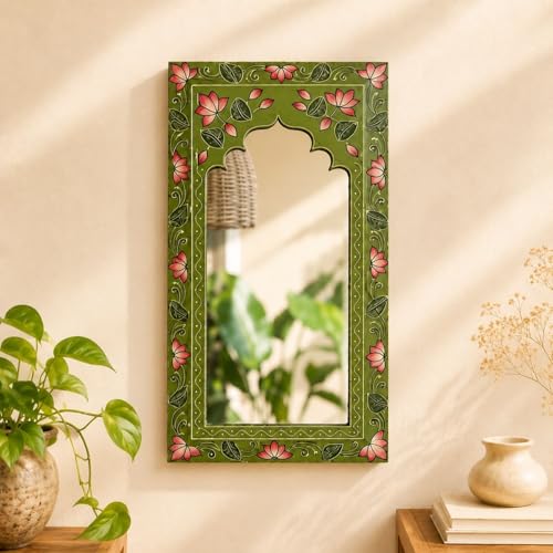 Image of Tropical Green Handpainted Wooden Mirror | Handcrafted Arch Design with Floral Motifs | Rajasthani Traditional Jharokha Style Mirror | Framed Wall Hanging for Home, Bedroom |18x9.5 Inch