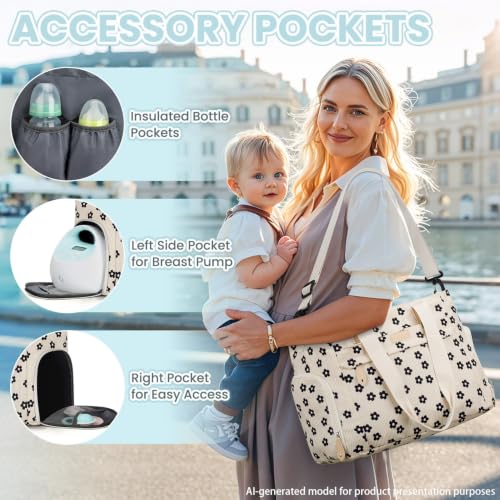 Image of Pritent Diaper Bag Tote for Working Mom, Large Travel Diaper Tote for Mom and Dad with 14 Inch Laptop Sleeve, Mommy Maternity Travel Baby Bag for Boys and Girls, Black flower