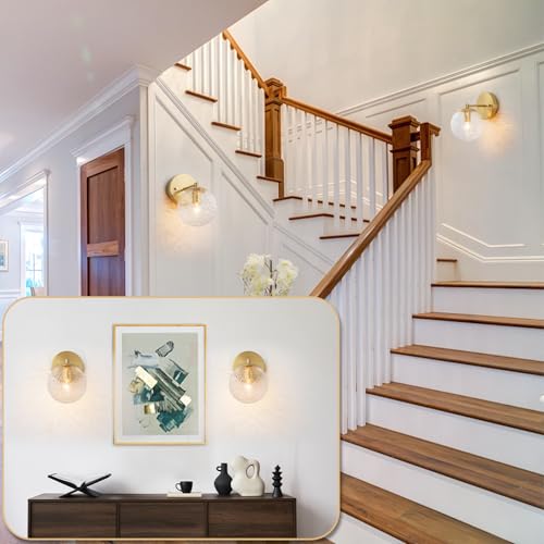 Image of Gold Wall Sconces Set of 2 Vintage Bathroom Wall Lamp 2 Pack Glass Globe Wall Light Vanity Hardwired Wall Mounted Lighting for Bedroom Living Room Hallway Stairs Kitchen (5.12in, E12)