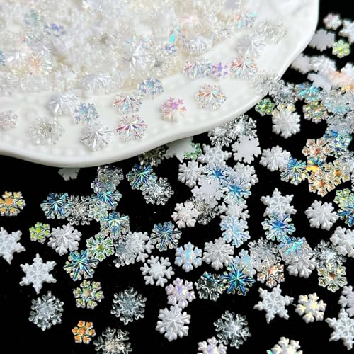 100Pcs Christmas Snowflake Nail Charms Aurora Snowflake Nail Rhinestones Winter Flat Back Christmas Nail Charms and Gems for Women Resin Xmas Nail Decoration Supplies