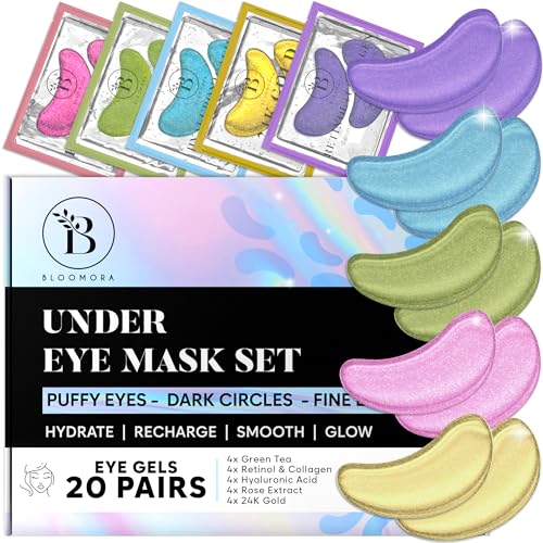 BLOOMORA Parches Ojos Bolsas y Ojeras Pack Mix (20 Pares) - Eye Patches Con Niacinamida y Ácido Hialurónico - Eye Mask - Parches Ojeras y Bolsas
