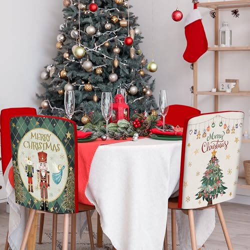 Image of Christmas Chair Covers Set of 6 Green Nutcracker Christmas Tree Chair Back Covers Holiday Dining Chair Slipcovers Protector Kitchen Dining Room Decor Festival Party Decoration