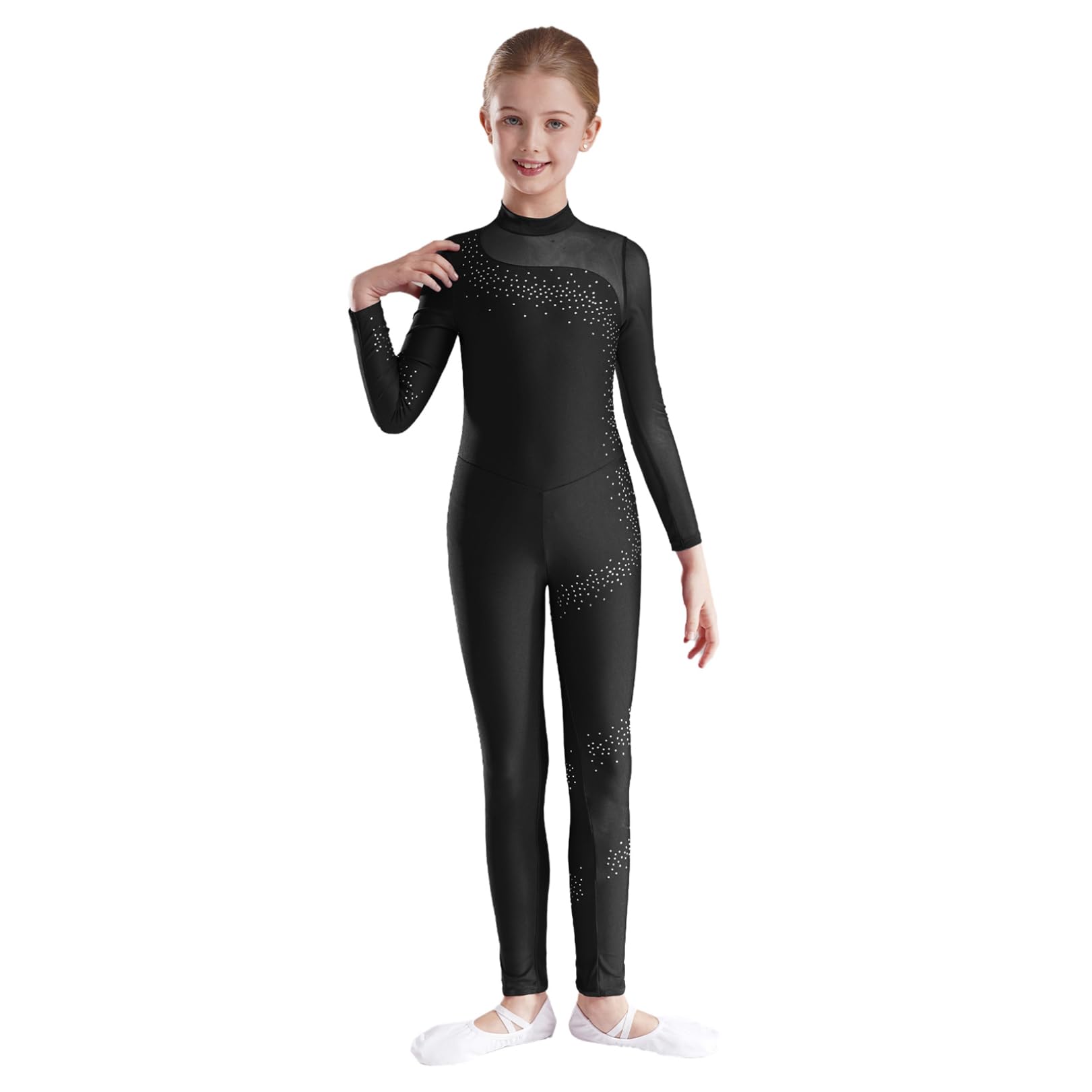 FEESHOW Kids Girls Sequins Gymnastics Leotard Unitard Jumpsuit One Piece Long Sleeve Romper Full Body Bodysuit
