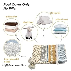 Blue page boho tufted decorative unstuffed pouf farmhouse casual ottoman pouf cover with big tassels handwoven foot restcushion cover only for bedroom living room 18x18x16 yellow  urban country home decor