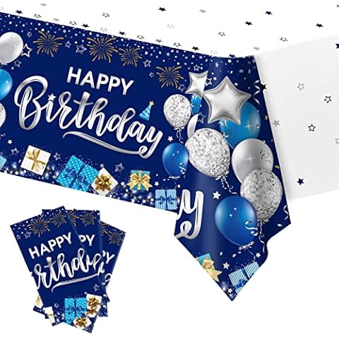 DUAIAI Happy Birthday Decorations, 3 Pcs Navy Blue and Silver Birthday Tablecloth for Boys Girls Men Women, Plastic Disposable Rectangle Table Cover for Birthday Party Supplies- 54" x 108" Cover