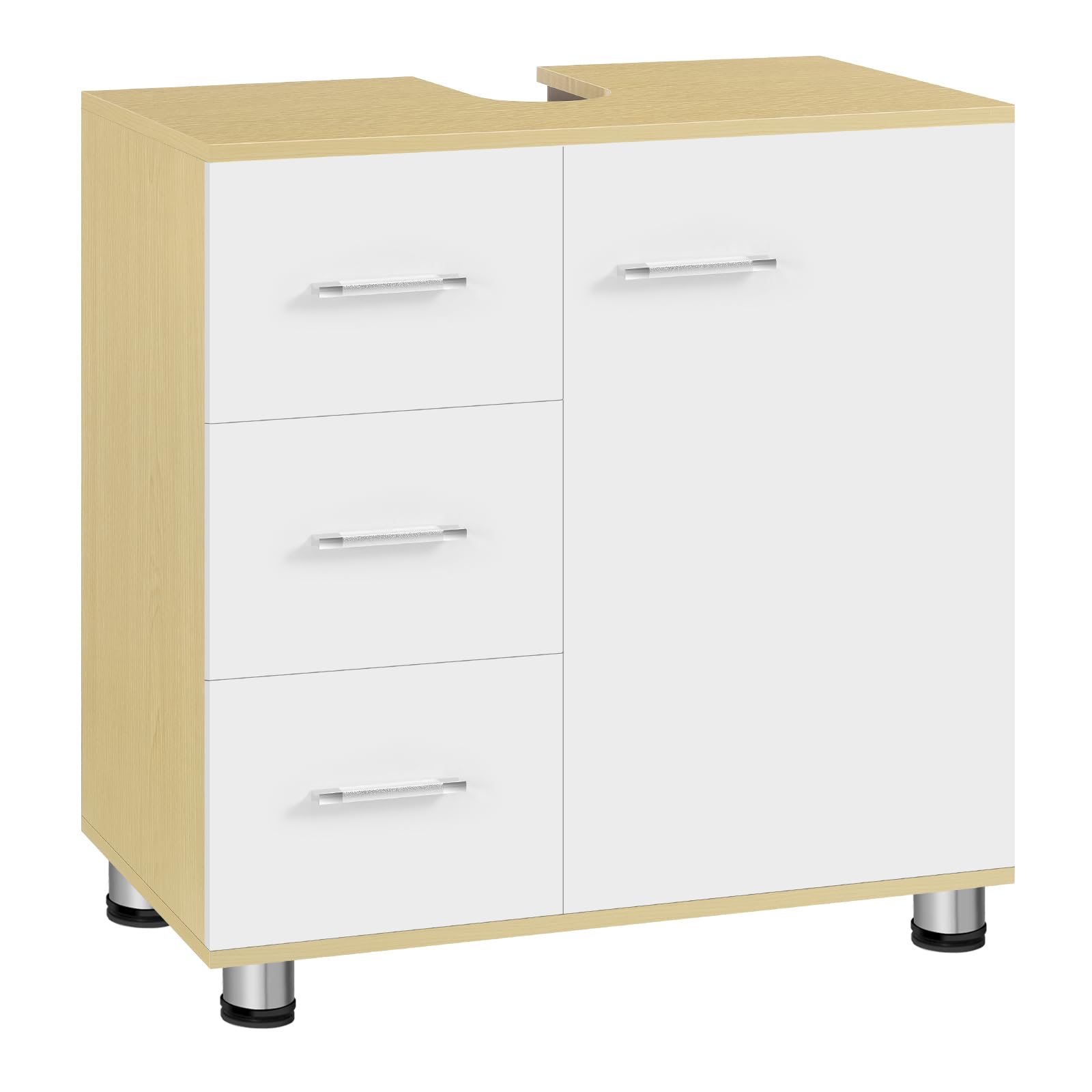 EUGAD Waschbeckenunterschrank, mit 3 Schubladen, Schränkchen mit 2 Fächern, Badezimmerschrank, Badschrank mit verstellbarem Einlegeboden, 60x60x30 cm, Weiß + Helle Eiche