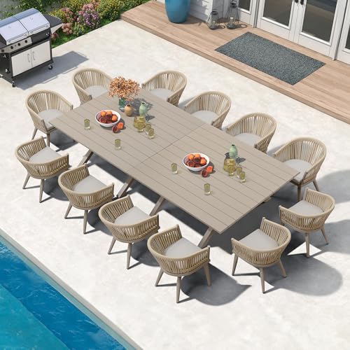 Image of PURPLE LEAF 13 Pieces Oversized Outdoor Dining Set with Patio Aluminium Dining Table and Wicker Chairs Modern Furniture Cushions Sets for Backyard Indoor Decor Kitchen Champagne