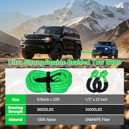 Image of Kinetic Recovery Tow Rope 5 /8 inch x 20ft, 38000lbs Snatch Strap,Heavy Duty Stretch Nylon Towing Ropes with 2pcs Soft Shackles for Offroad Vehicle,Jeep, SUV, ATV, UTV