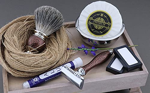 Complete Old School Shaving Set >Pure Black Badger Brush, DE Safety (Blades Not Included), Engraved Bowl & Soap