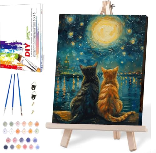 Image of Cat Paint by Numbers for Adults with Easel, Framed Painting by Numbers kit on Canvas for Beginners, Starry Night Oil Painting Set Craft Supplies, 3 Paintbrushes and Acrylic Paint 12x16 Inch