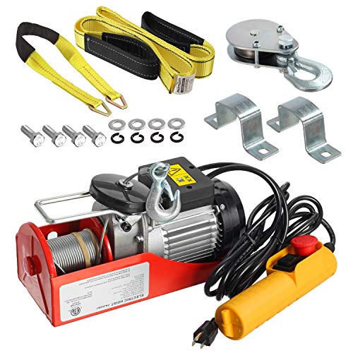 Partsam 1100 lbs Lift Electric Hoist Crane Remote Control Power System, Zinc-Plated Steel Wire Overhead Crane Garage Ceiling Pulley Winch w/Premium Straps (w/Emergency Stop Switch)