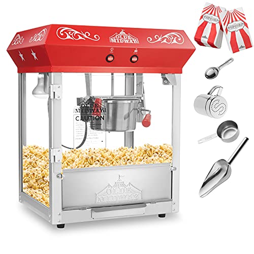 Image of Olde Midway Bar Style Popcorn Machine Maker Popper with 6-Ounce Kettle - Red