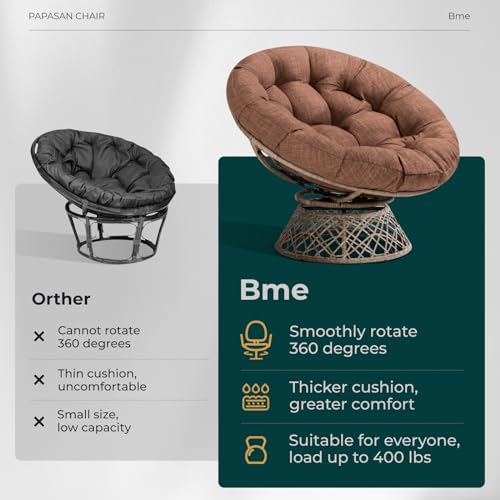 Image of Bme Ergonomic Wicker Papasan Chair with Soft Thick Density Fabric Cushion, High Capacity Steel Frame, 360 Degree Swivel for Living, Bedroom, Reading Room, Lounge, Cinnamon Mocha - Brown Base