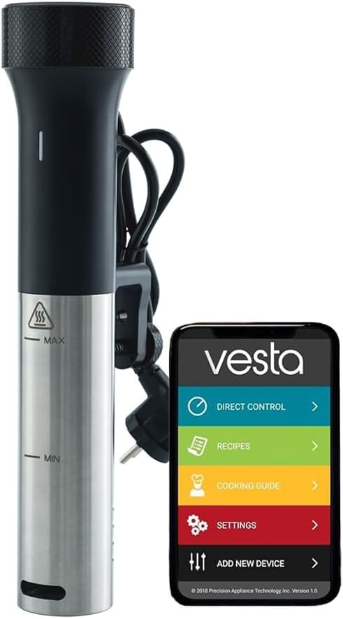 Vesta Precision Circolatore Sous Vide SV80s per Cottura a Bassa Temperatura in Casa con Alte Prestazioni | Capacità di Riscaldamento 40 l, 1200 W, include app Wi-Fi, nero