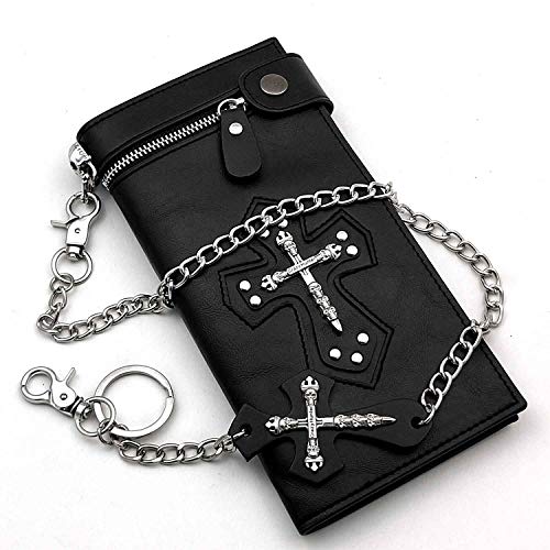 vogueteen Mens Gothic Skull Cross Leather Biker Punk Wallet with a Metal Long Chain Black2