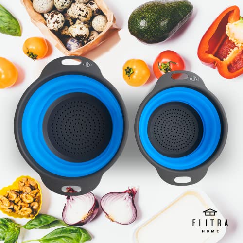 Collapsible Colander, 2 Pcs Large And Small Silicone Kitchen Strainer For Draining Pasta, Vegetable And Fruit – Blue – By Elitra Home #TOP1