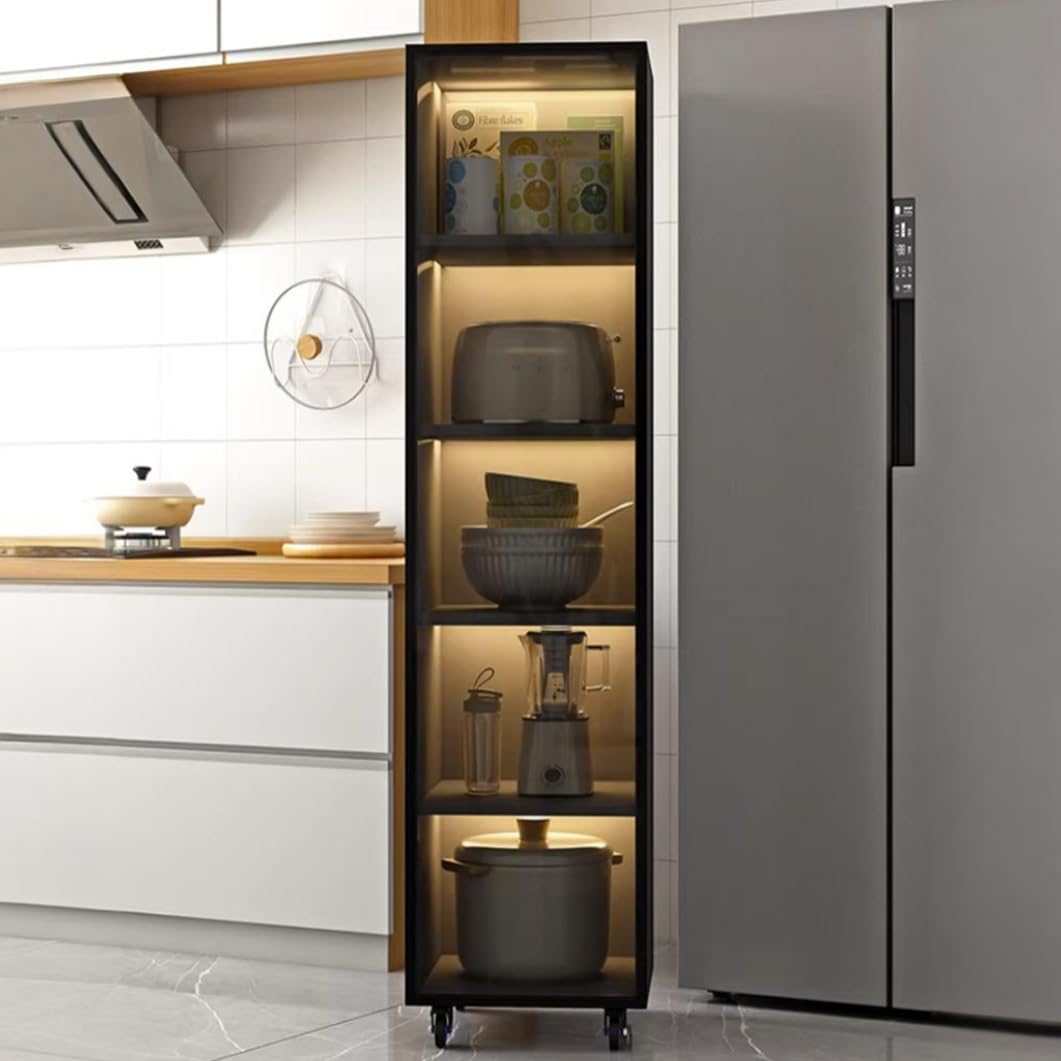 YVYKFZD Slim Storage Cart, Narrow Storage Cabinet, Rolling Utility Carts with Wheels and Tempered Glass Doors, Mobile Kitchen Cart, Bathroom Organizer, No Lighting(Gray+A,5 Tier 7.8"x11.8"x66.9")