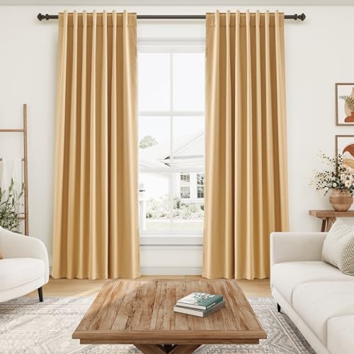 Image of Nanspring Camel 100% Blackout Linen Curtains for Bedroom 96 Inches Long Back Tab Rod Pocket Thermal Insulated Vintage Modern Black Black Out Curtain for Living Room Office 52x96, 2 Panels