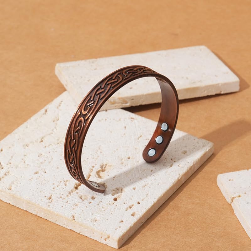 Miniatura 3 de Pulsera de cobre vintage para hombres y mujeres, brazalete abierto con patrón de ondas grabadas, diseño clásico ajustable