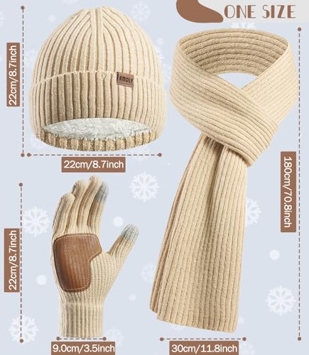 Image of Womens Beanie Hat Scarf Gloves Set 3PCS,Fleece Lined Winter Skull Cap Thick Knit Scarf Anti-slip Touchscreen Gloves Unisex