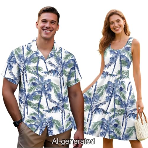 Image of Dreaweet Summer Dresses for Women A-Line Sleeveless Flowy Sun Dresses,Men's Casual Button-Down Shirts,Couple Matching Outfits