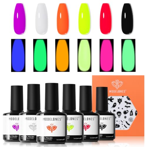 Image of modelones Halloween Gel Nail Polish Set, Glow in the Dark Fluorescent Shade | 6 Colors Neon Pumpkin Orange Green Purple Hot Pink White Black Fall Gel Polish Set, with Nail Stickers, Soak Off UV Nail Art