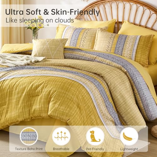 Image of Boho Queen Comforter Size Set, 8 Pieces Yellow Striped Texture Bed in a Bag Bedding Sets, Lightweight Soft Bohemian Comforter and Sheet Set, All Season Microfiber Teen Boys Bedding Sets for Men Women