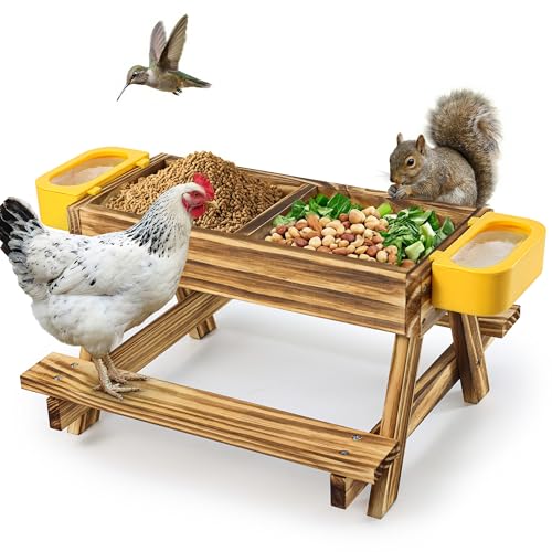 UUMENHA Carbonized Wooden Chicken Picnic Table Feeder with 2 Water Dispensers - No Waste Poultry Feeder Easy to Clean & Fill Suitable for Backyard Poultry/Squirrels chicken Coop Accessories & Decor