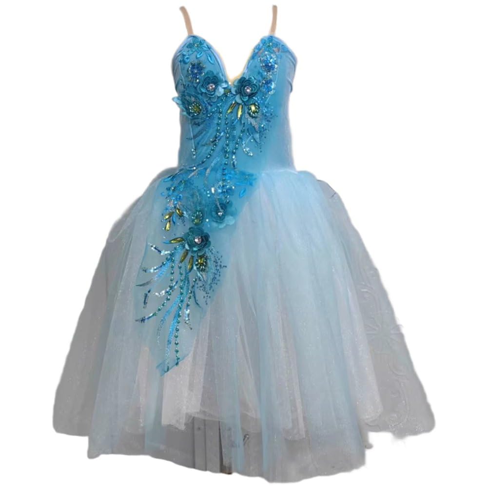 Luxylei Long Ballet Skirts Sleeveless Spaghetti Strap Ballet Dress Sequins Leotard Ballet Dancewear for Performance Ballroom
