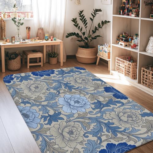 Alfombra antideslizante rectangular azul floral decorativa de dormitorio 2