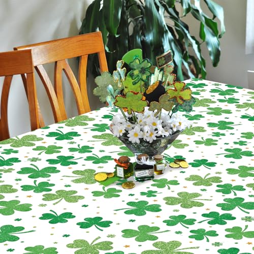 Image of Gistome 3-Piece 54 x 108 Inch St. Patrick's Day Shamrock Plastic Tablecloth - Green Lucky Clover Design Table Cloth, Disposable Rectangle Table Cover for St. Paddy's Day, Irish and Spring Decorations