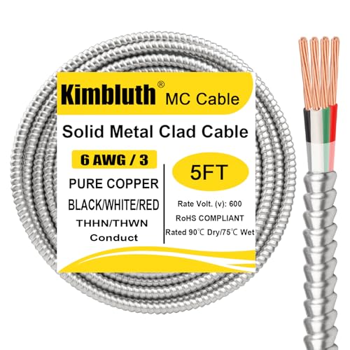 Image of 6 /3 Metal Clad (MC) Cable with Ground 5ft, 6 Gauge Electric Wire with Aluminum Armor, Solid Bare Copper Conductors for Indoor Outdoor Underground Embedded Installation (6 /3, 5 FT)