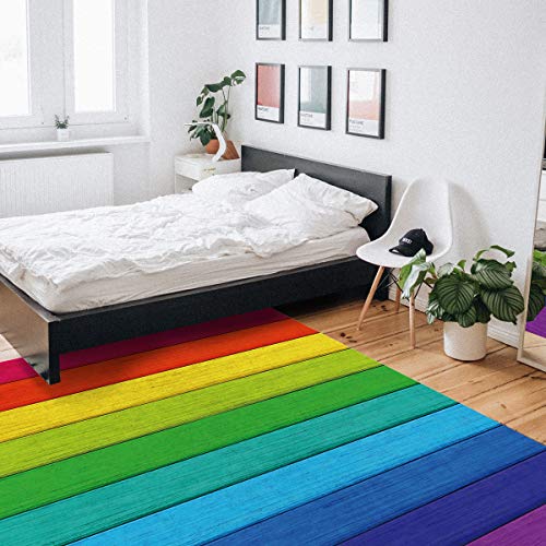 Multicolor Vintage Retro Rural Farm Wood Grain Area Rug 4'X6',Outdoor Indoor Carpet Runner For Kids Teen Girls Boys Bedroom,Living Room,Bathroom,Classroom,Kitchen,Rainbow Color Washable Area+Rug #TOP4