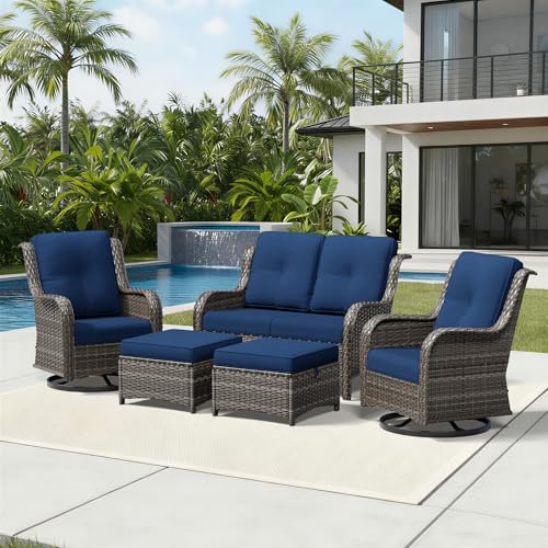 Image of Joyside 5 Piece Wicker Patio Furniture Set, Outdoor Swivel Rocker Patio Chairs with High Back, Deep Seating, Wide Armrest, Thickened Cushions, Outdoor Furniture for Deck, Porch Use