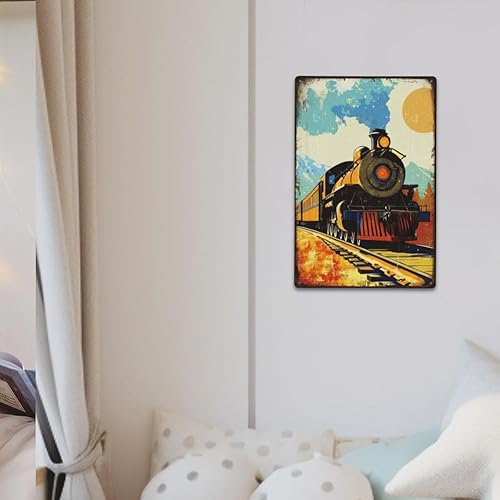 Miniatura 6 de SUPERDANT Letreros de metal retro con diseño de tren de tren, letreros de metal para colgar del sol y la montaña, estilo pintura al óleo, póster
