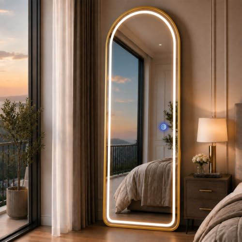 Image of 5 x 2 ft Arched Full-Length LED Mirror 5mm Glass, 3-in-1 Dimmable LED Light, Smart Touch Sensor, Gold Metal Frame Vanity Standing Mirror for Bedroom, Living Room & Dressing Room