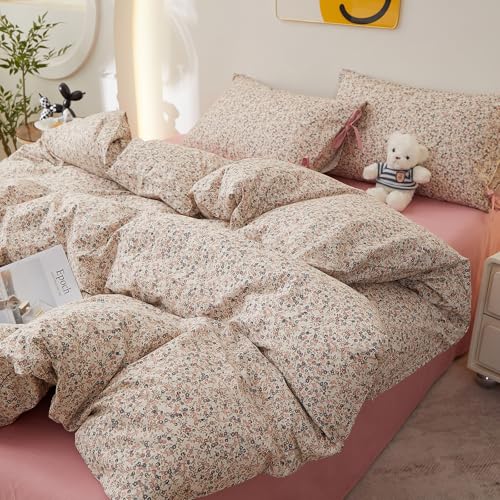 Image of Pink Floral Comforter Set King, Aesthetic Botanical Flowers Comforter with 2 Bow Ties Pillowcases, Lightweight Cute Girls Floral Bedding Comforter Vintage Cottagecore Comforter Set for All Season