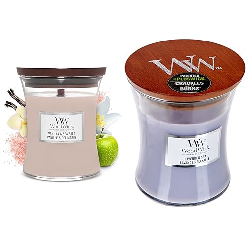 WoodWick Medium Hourglass Candles, Vanilla Sea Salt and Lavender Spa Scents - Premium Soy Wax, Pluswick Wood Wicks, Made in USA