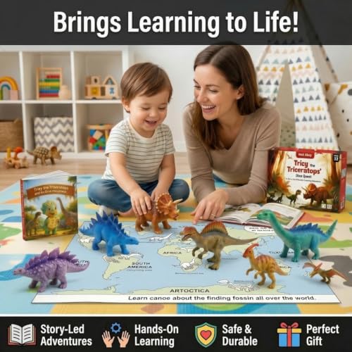 Tricy's Dino Quest Dinosaur Toys for Kids Ages 3-5 – 9 Large Realistic Dinosaur Figures with Story-led adventure & Dinosaur World Map, Educational Learning & Imaginative Dino Set for Boys and Girls by Well Alley - Used condition - Image 7