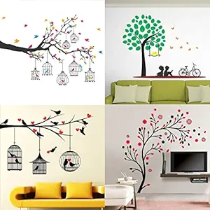 Merical Set of 4 Branches Flowers & BirdCages, Kids Under Tree, Lovebirds & Hearts, Magical Tree, Wall Sticker for Wall Dcor, Living Room, Children Room